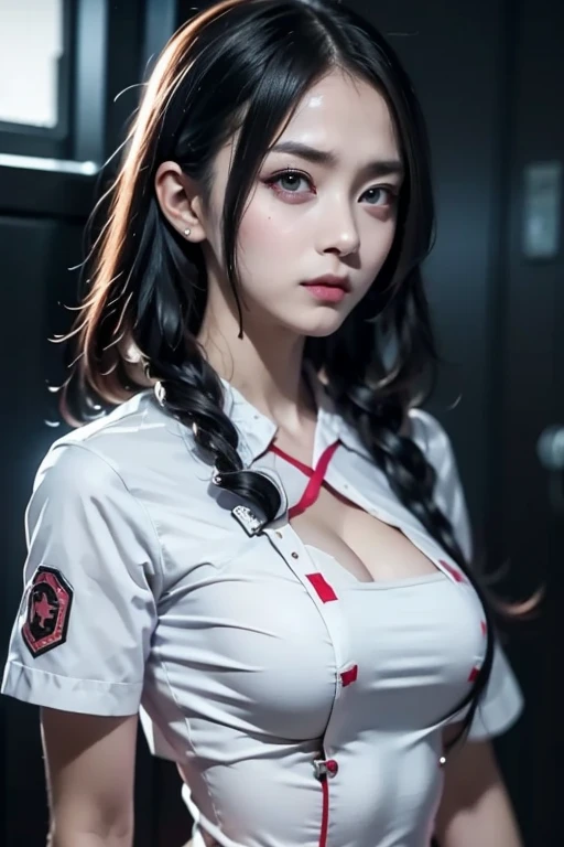 1 girl, close up shot, (gray hair, medium hair, big breasts, red eyes), perfect anatomy, city, cyberpunk style, ((white shirt, black jacket, black skirt, belly button, belt, black gloves, tie, watch, earrings, You can see through the black leggings)), ((holding a gun)), war, ruined city, battlefield, rubble, building,cigarette