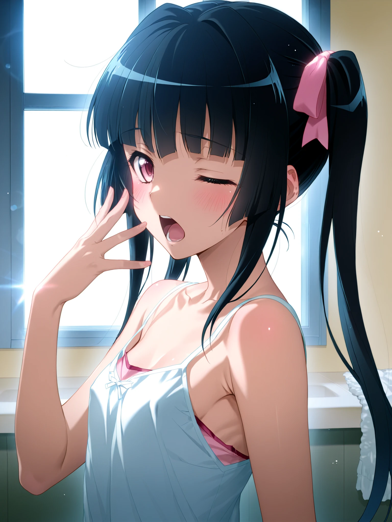 Sitting on a black sofa,looking ahead,from above,handjob,side view,face focus,open mouth,tongue out,cum on tongue,Licking a white dildo,(1girl,Beautiful 14 year old girl),((Slender,Small breasts,Baby Face,Small face,)),looking at viewer,Black Hair,bangs,two side up,Gray Eyes,Drooping eyes,slit pupils,narrow eyes,Sheer black and toffee pink negligee,Beautiful and detailed anime art,Mischievous smile,Dimly lit room,Simple Background,Gray background,Low lighting
