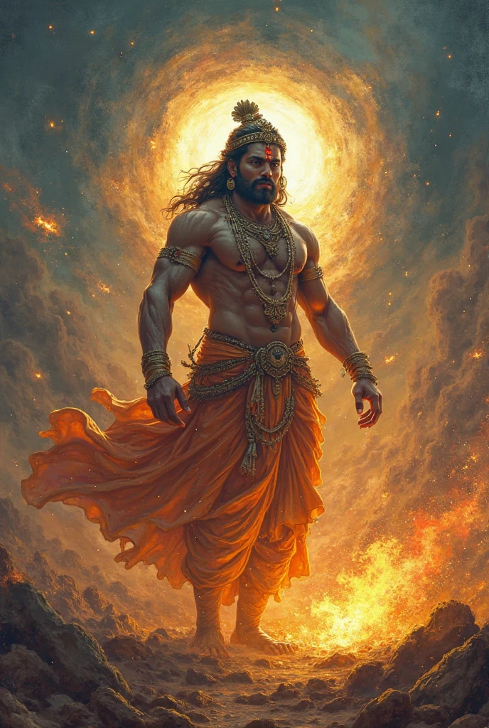 Here’s a detailed prompt:

"Create a dynamic scene featuring Lord Hanuman flying through the sky. He is depicted with a powerful and heroic expression, holding his iconic golden gadha (mace) in one hand. His body is muscular and adorned with traditional clothing, including a dhoti and a waistband. His hair flows wildly in the wind, and he is surrounded by vibrant clouds as he soars above a dramatic landscape. The sky is a mix of vibrant oranges, reds, and purples, symbolizing the strength and energy of the moment. Hanuman's aura should radiate divine power, with subtle glowing light emanating from him, highlighting his divine nature. The background should include hints of mountains and forests far below, creating a sense of vastness and the incredible height at which Hanuman is flying."with money face human body with tail