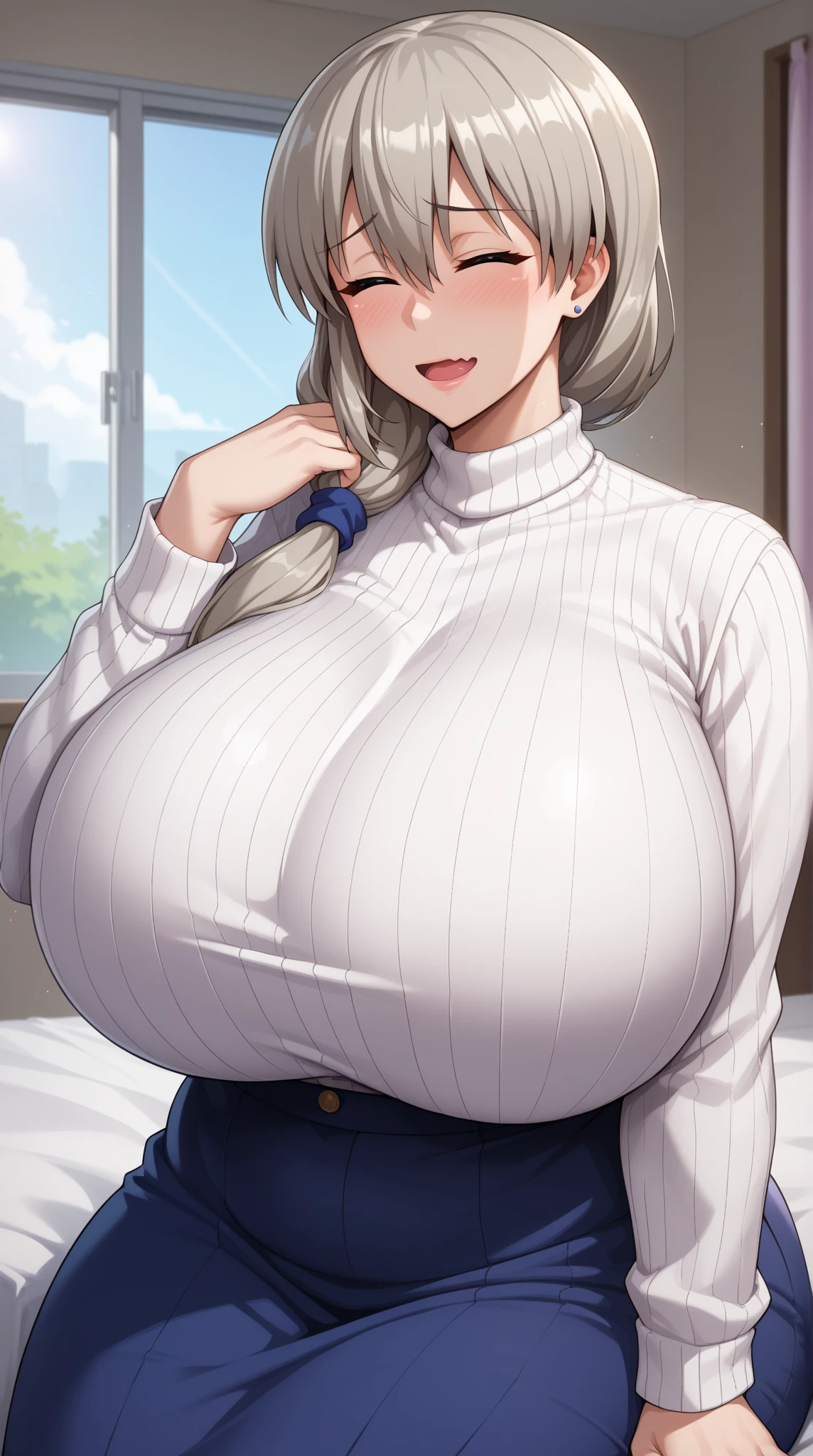 (((unryuu \(kancolle\)))), 1fille, seulement, clivage, very long braid, single braid, messy hair, asymmetrical hair, white hair, scrunchie, smile, regarder le spectateur, cheveux asymétriques, tresse simple, heterochromia, blue eyes, green eyes, gigantic breasts, mature female, seins gigantesques, clivage, SFW, chemise blanche, chemise à col, jupe noire, collants, Arms on the sides, debout, office lady, pencil skirt, short sleeves, outdoors, (((giantess)))