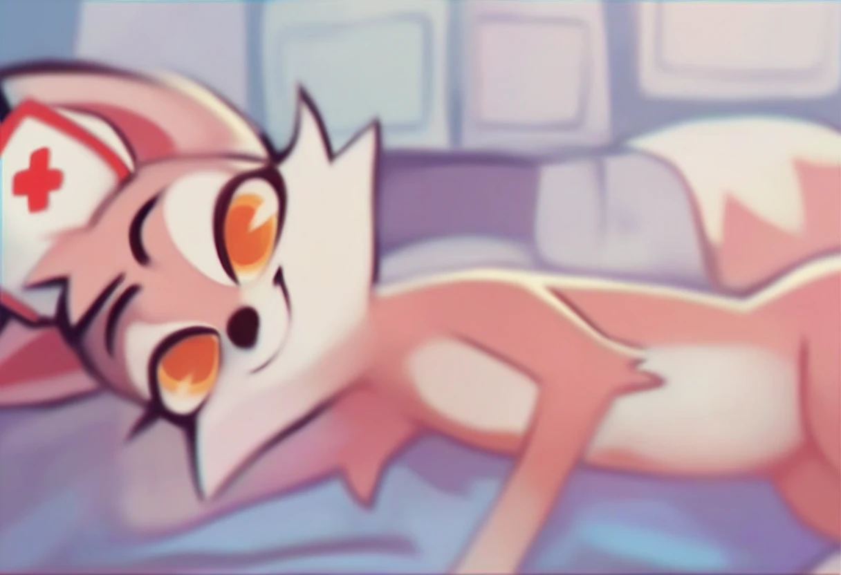 safe content, by vivzmind, mammal, canid, canid demon, demon, canine, monster, anthro, female, fur, solo, hair, white body, white fur, helluva boss, hellhound, loona, red sclera, nude, spike collar, white eyes, (vore), moving vore belly with same size prey inside struggling, gurgling belly, official art, bedroom, sunset, detailed fur, fluffy, sexy pose laying on bed