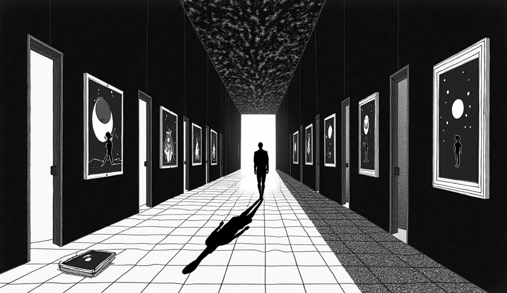 a bcka and white drawing of a a man standing in a room with a lot of televisions