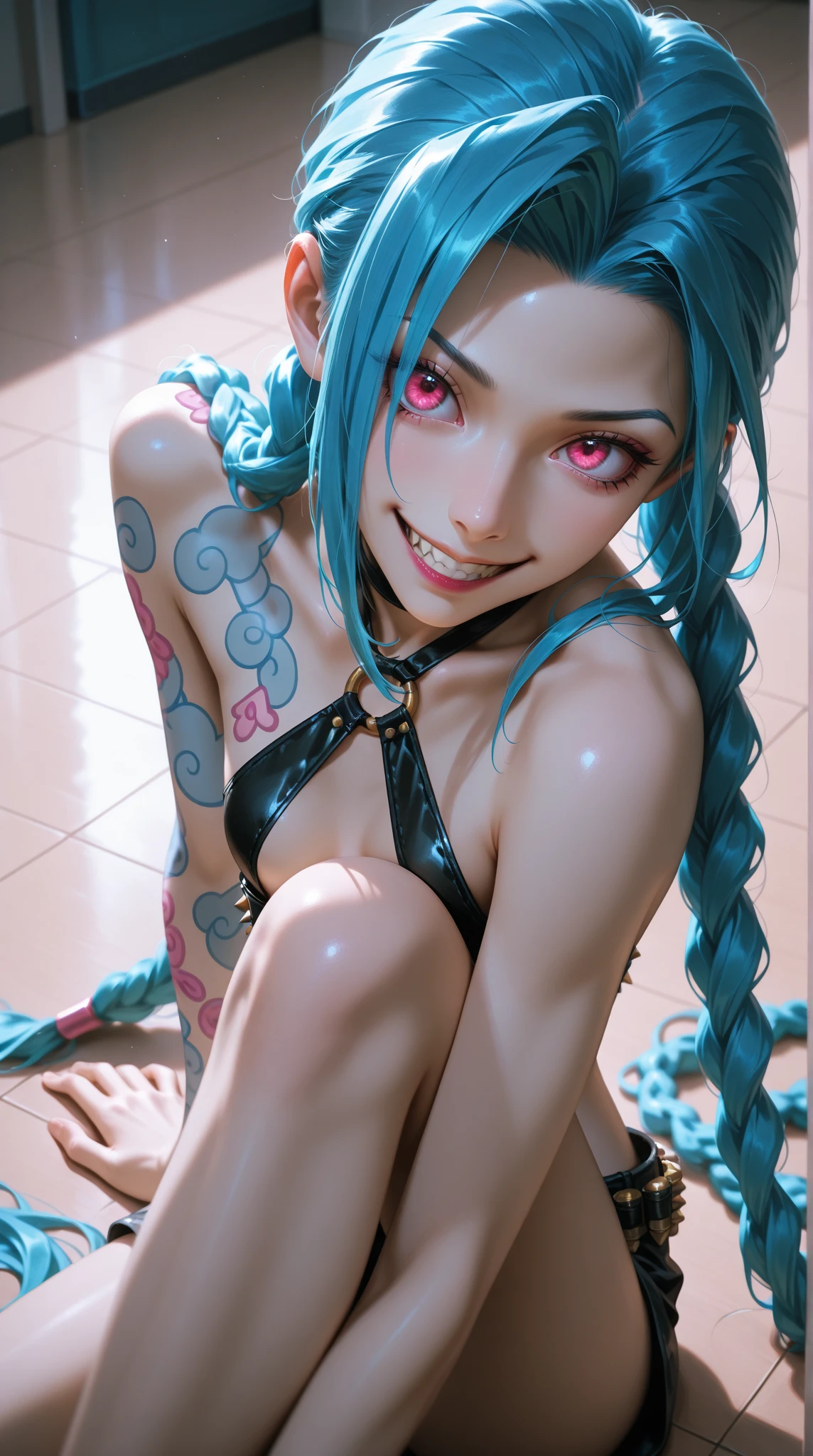 jinx (league of legends),pink eyes,<lora:MIAOKA_JINX_1.0_SDXL:0.8>,blue hair,in the swimming pool,