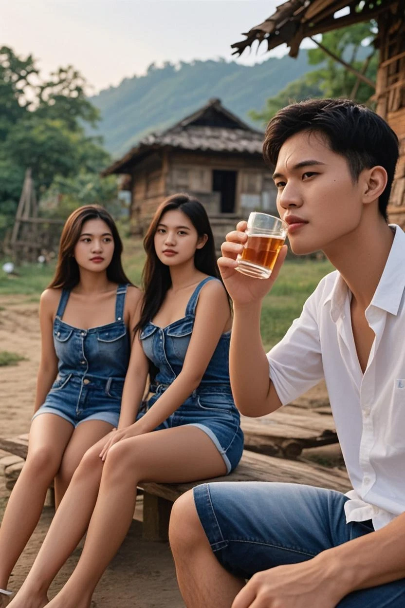 Create a real portrait, a group of Thai teenagers, both men and women, about 10 people (28 years old), both handsome and beautiful, sitting and drinking beer, rice field background, sunset, raising glasses.