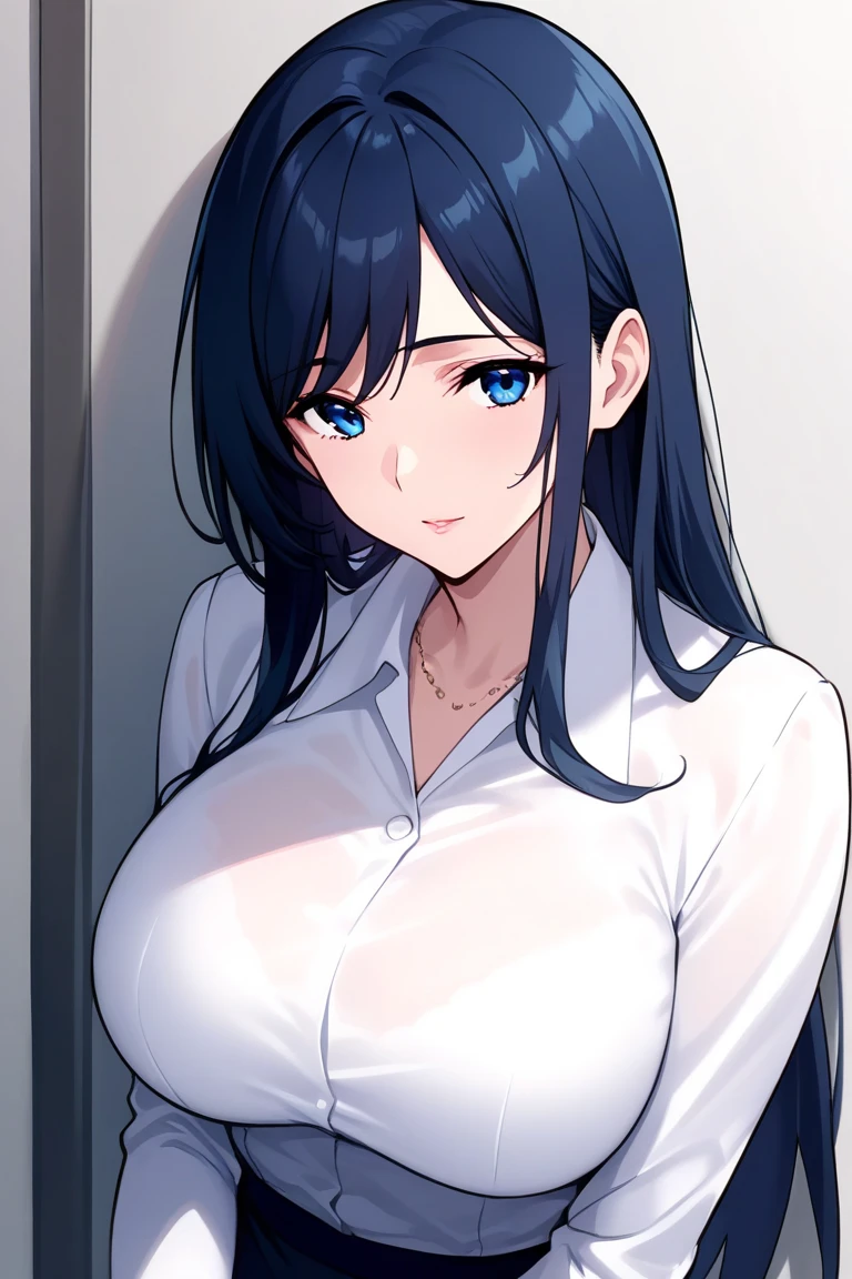 Long Hair,Navy Blue Hair,(Hair on one eye:0.8),Teachings,White shirt,Big Breasts,Shiny skin,Sweat
