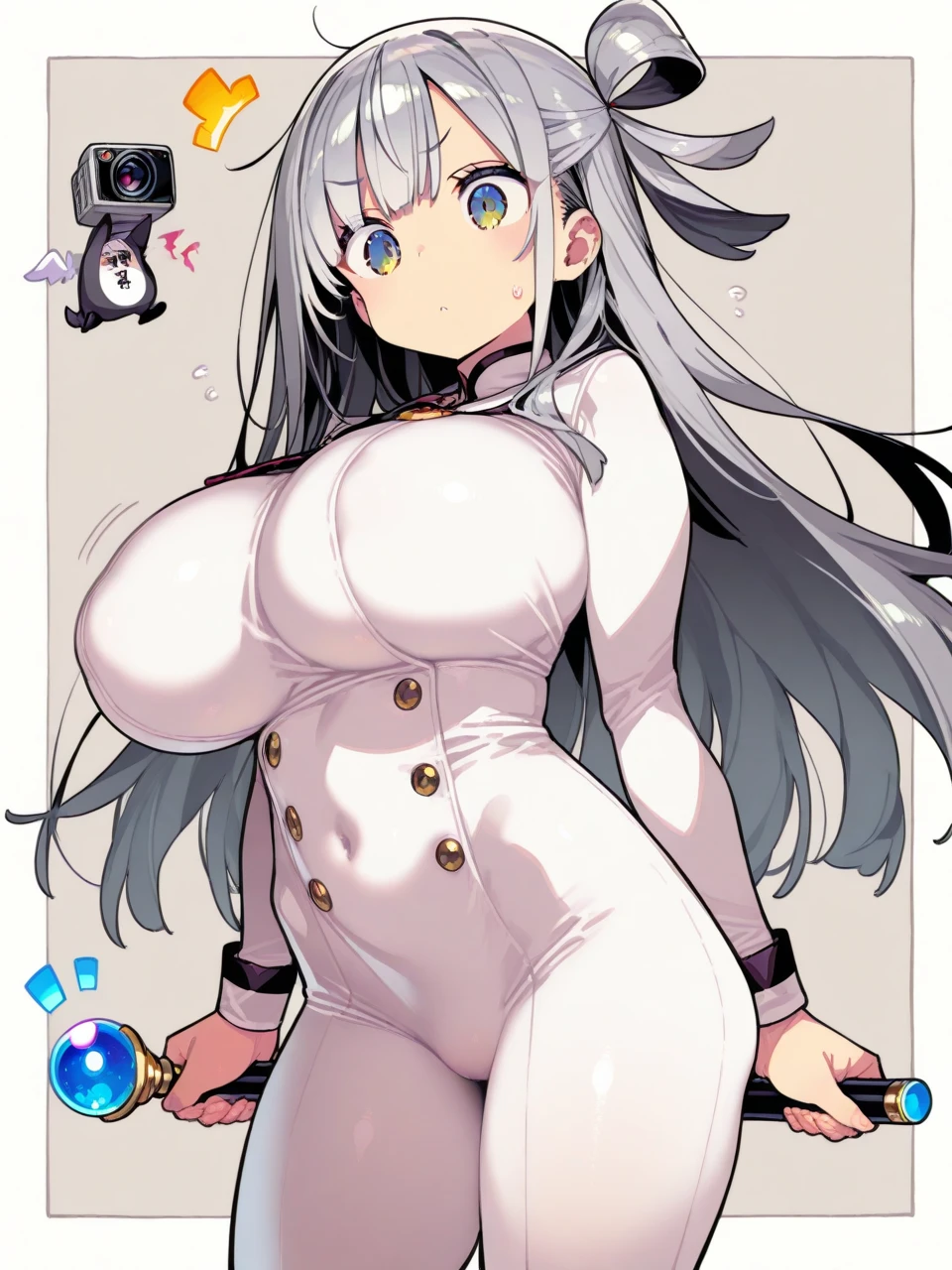 (gigantic breasts:1.2)(masterpiece:1.2)(high quality)(best quality) 1girl,cat,anthro,animal ears,tail,gray hair,thigh highs,white lab coat,futuristic space station,locker room,glasses,blue eyes,shy facial expression