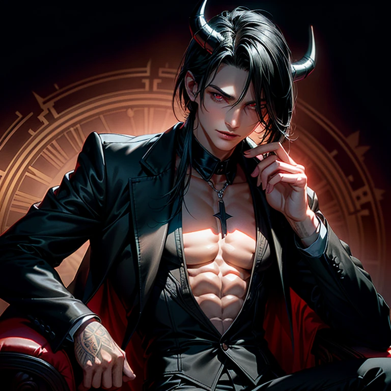 Handsome demon man, 18 years old, 2 horns red skin, dark rock style, yellow eyes, bare chest, on a night  city background, tattoos of skulls and roses, piercings on the nipples, pyrple hair