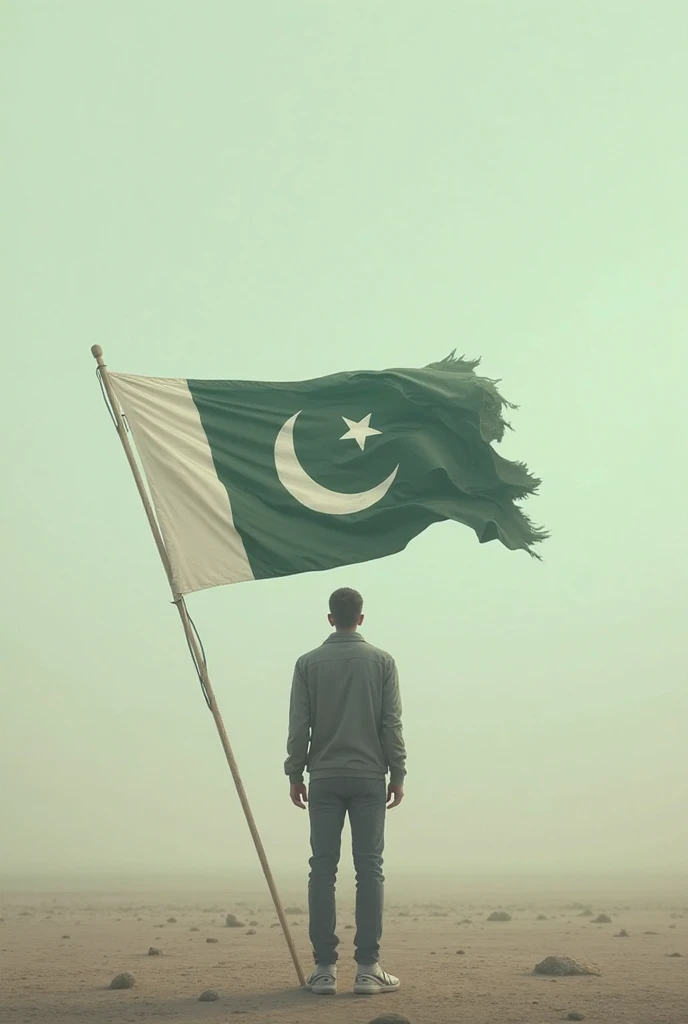 A 27-1 man standing under pakistan's flag
Looking at the flag
White shirt,black cargo pant
Freanch crop hair cloudy weather
