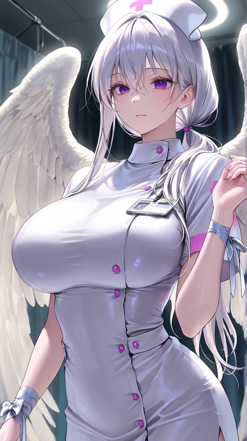 (full_body)、Woman、red_background、(big_breasts:1.5)、white_nurse