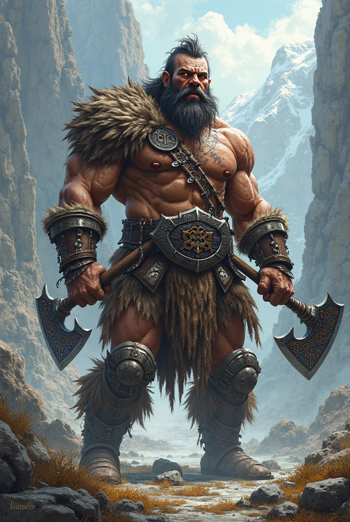 A half orc, barbarian, of 180 cm, short black hair, very pale thick skin, amber brown eyes cut scar above his right eye, defined muscle but not too big, thick bearskin clothes, several scars on his body written words "Peace", with a two-handed longsword on his back