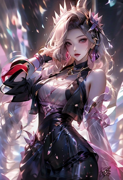 best quality,best quality, 1girl, solo, long hair, breasts, looking at viewer, blue eyes, skirt, blonde hair, gloves, dress, animal ears, bare shoulders, jewelry, medium breasts, earrings, parted lips, fox ears, fox tail, facial mark, multiple tails, whisker markings, purple gloves, pink gloves, ahri \(league of legends\)