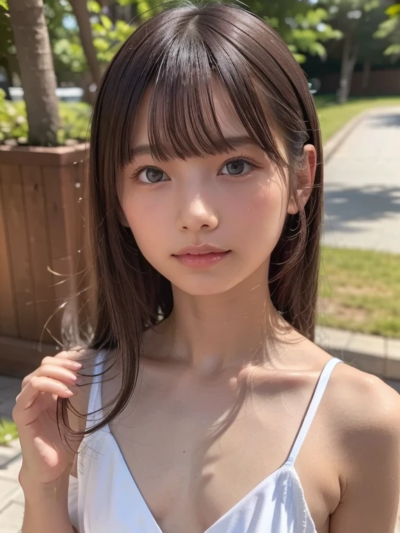 (Chiaroscuro:1.3)、(Highly detailed CG Unity 32k wallpaper,masterpiece, Highest quality, Super detailed),Tan Lines、(Flat Body:1.3)、(12 years old)、Face shot close up、Outdoor、Looking up at the sky