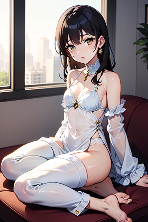 (巨作)), ((Best quality)), (Ultra-detailed), ((kawaii)), kawaii, (Lovely), ((Extremely detailed)), 4K, (8K), Best quality, (Beautiful),(((World-class quality))), Extremely detailed, High resolution, (detailed shaded pretty face), Full body, Adolecente, solo, ((seios gigantescos)), (((Sagging breasts))),((Long hair)),LuxuriousWheelsCostume, silvercleavage dress, oikawa shizuku , armpits, On the bed, From the side Side
