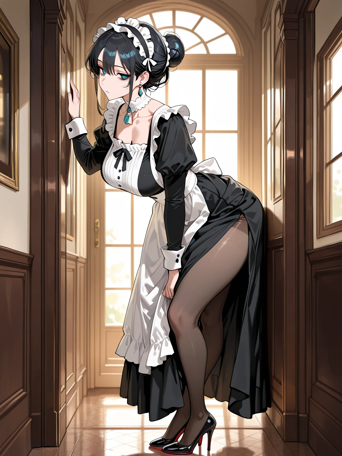 1girl, ass ,maid,victorian,shiny skin ,seductive smile,from behind,sitting,miniskirt,   (masterpiece, high quality:1.2)
