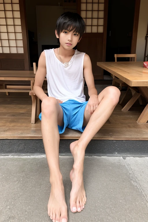 Korean boy sitting under the tree, many animals, nude body, sunshine , skinny fat, belly 