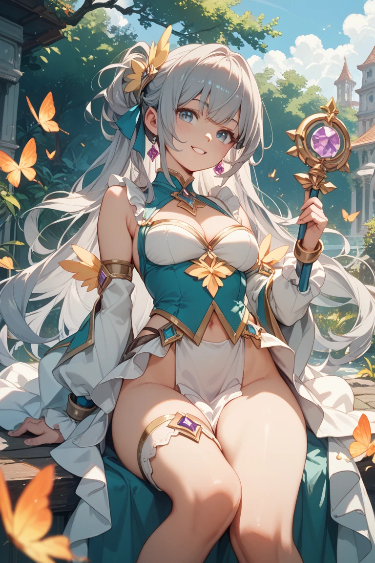 masterpiece、highest quality、Super high quality、8k、realistic、1 Beautiful Girl、Drooping eyes、gentle expression、smile、Generous、Wizard Cosplay、witch、off shoulder、flashy tight skirt、knee-high socks with frills、magic wand、dynamic pose、Angle of movement、sexy body、big breasts、big breasts、Beautiful valley、thin thighs、thin waist、long legs、white panties、fairy tale world、magical world