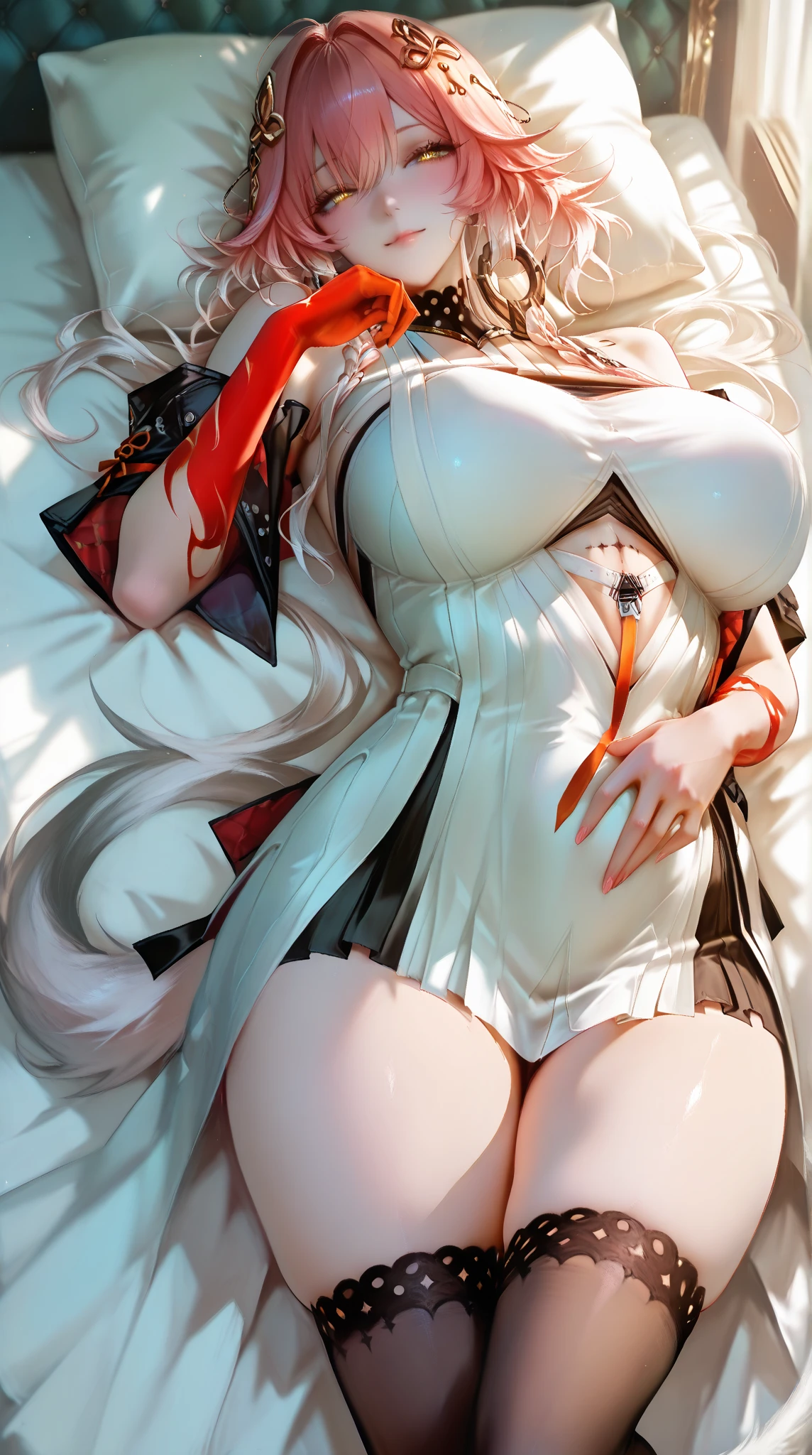 (shibari, hands behind the back:1.4), (hands behind the back), Half body photo, Detailed faces, clear face, baphomet, Beautiful Girl, white hair, Normal body shape, big breasts, thigh, bare brests, tits out, nipples, Tie, tied with red wire, red wire, Neck binding, Tie your hands, ties around the body, Interlacing bonds, Multiple wires, The tether creates an overall look around the body, sitting in livingroom, exposed genitals, exposed , pubes, white pubes, pubic hair, white pubic hair, spread legs, knees apart, pussy, pregnant