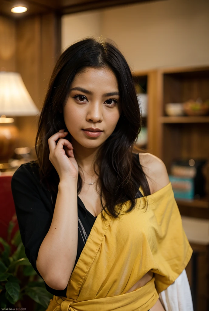 Seekor kucingraksasa berwsrna orange memakai kalung brwarna emas sedang duduk.