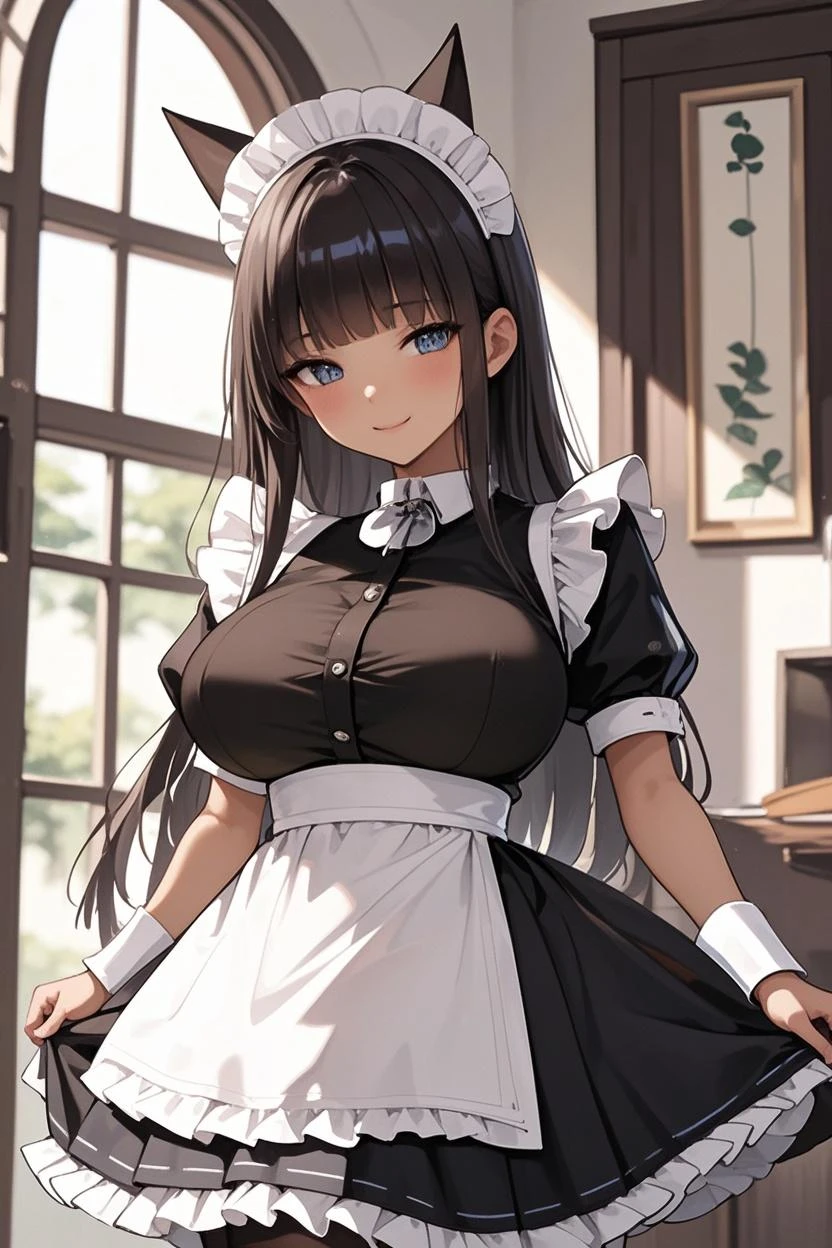 best quality, anime illustration, gradation painting, cute chubby girl, 24 years old, long hair, kindly smile, maid clothing, frills, bare legs, tareme
