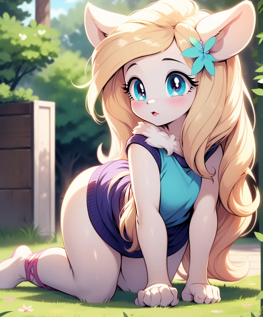 masterpiece, beautiful portrait, best quality, high res, detailed forest background, denim shorts, white crop top, peace sign, midriff, detailed tummy, looking at viewer, happy expression, white teeth with cute fang, blonde hair with curly ponytail, flower in hair, green eyes, pink eye shadow, short eyelashes, bandicoot, bandicoot snout, black nose, bandicoot ears, sfw