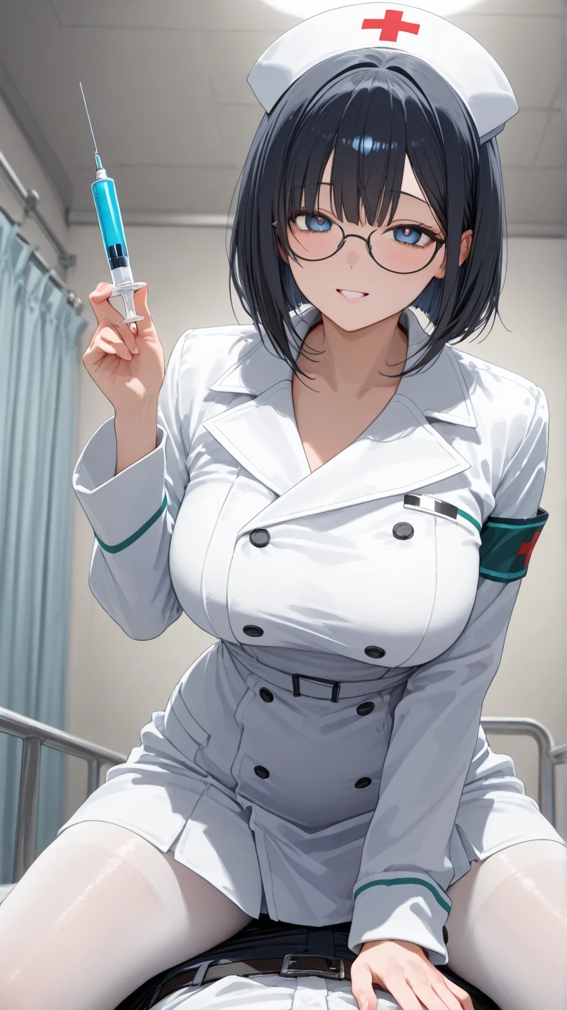masterpiece, best quality, 1 girl, solo, doctor,black hair,white coat, black shirt, updo,standing, ((sad)), panicked,smile ,hands up ,cleavage,glasses ,clinic , from the front