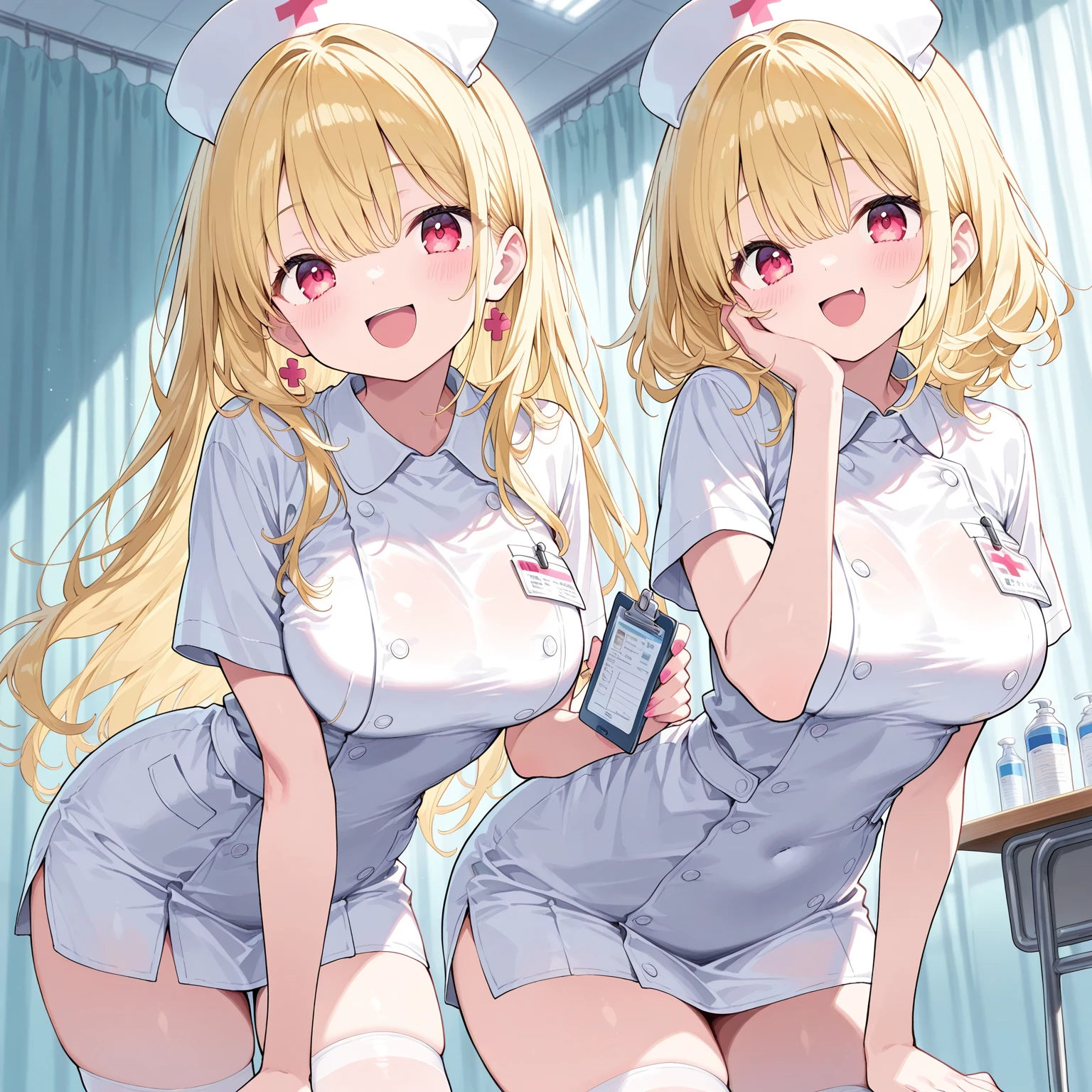 ((2 girls))、(smile:1.5)、Small breasts、(Cowboy Shot)、(fun!!)、(cardigan)、(blonde)、(blush:1.4)、、(Single Blade)、(Eye highlights:1.3)、, Rest indoors, ((Hospital room:1.5))、 BREAK while watching the audience、(Grab the skirt:1.0)、 (Perfect hands, Perfect Anatomy),Cowboy Shot、(Skirt flip:1.3),(Highly detailed panties:1.3)、(Highly detailed white panties:1.3)、、(スカート that rolls up:1.3)、(Full-fledged panties:1.5)、Bright Blue Eyes、(White nurse uniform:1.5)
、(White nurse cap:1.5)、White costume、White Uniform、nurse uniform 、nurse cap