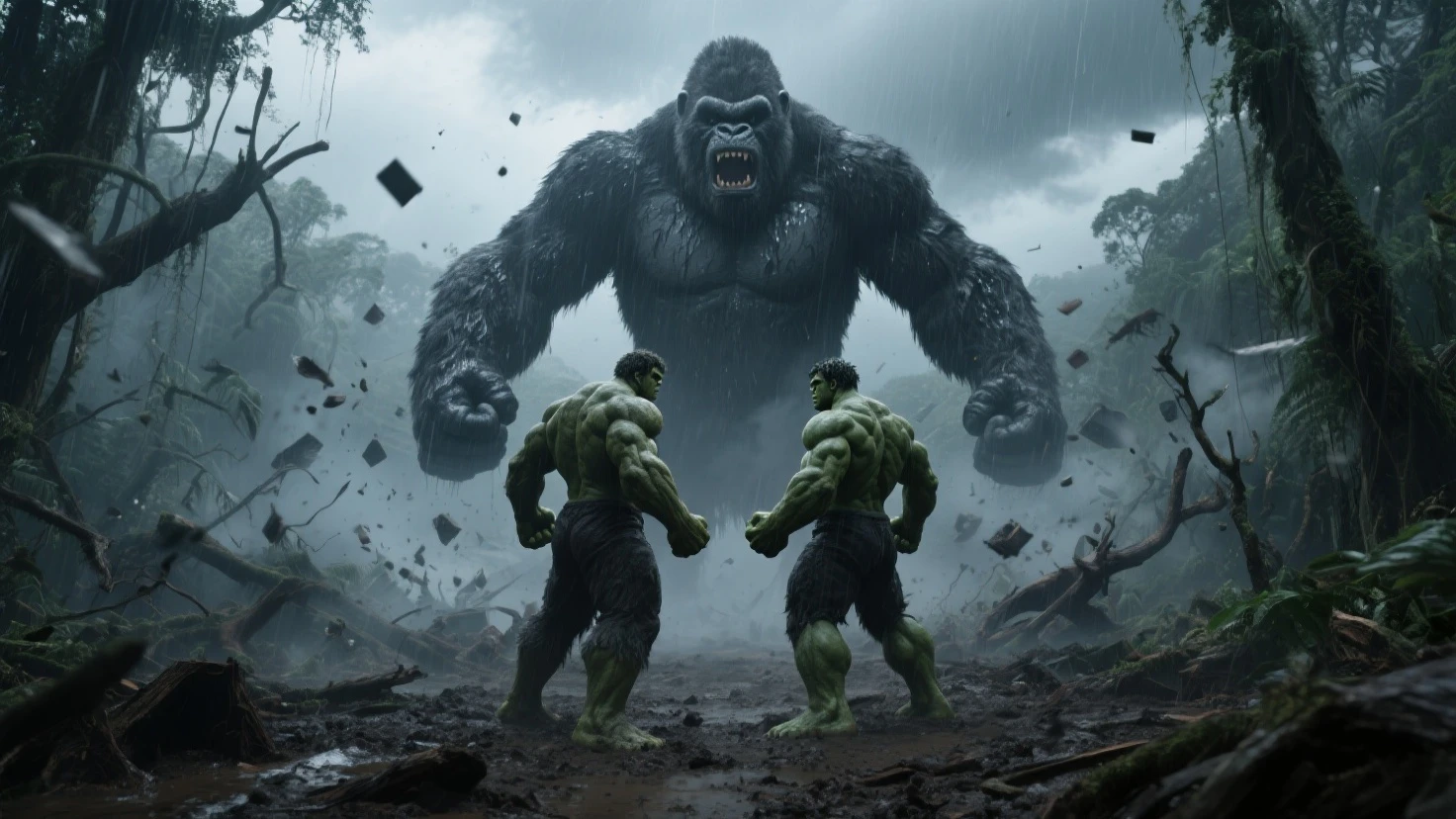 create image real Hulk vs Gorilla, realism, photorealistic, detailed visuals