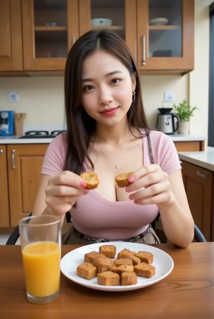 A girl with fries stuck to her naked body