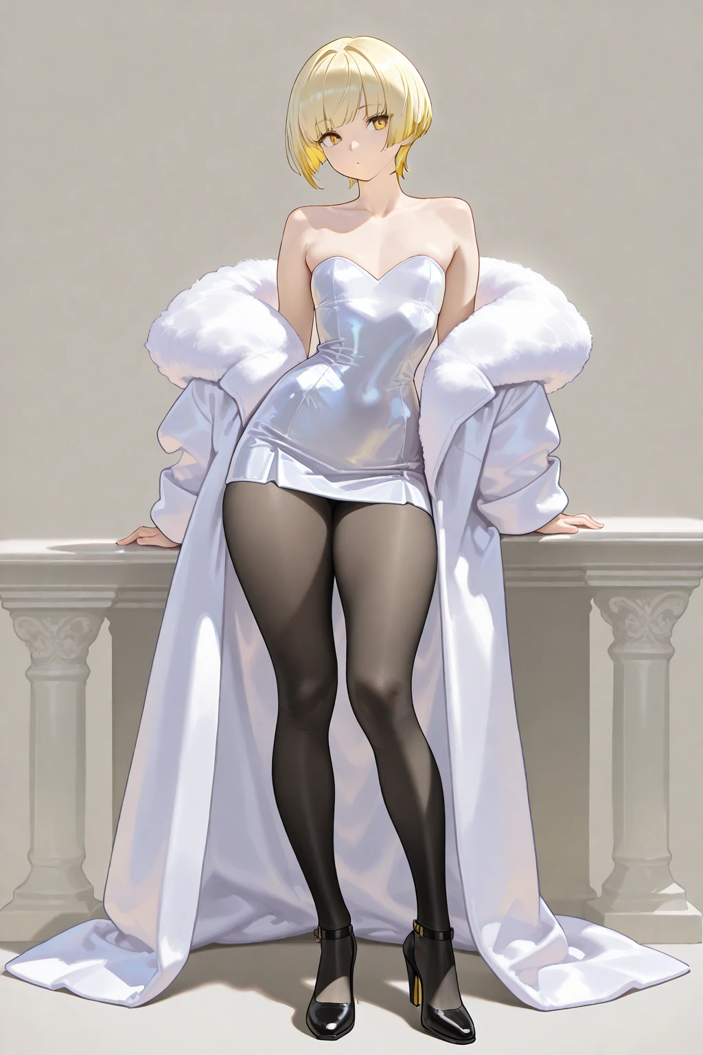 platinum blonde, wavy hair, very long hair, long lashes, smile, beauty, full body, luxury Fur Warm thick white coat, purple satin dress