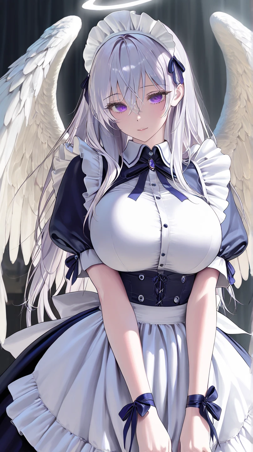 azusa \(blue archive\),purple eyes,white hair,long hair,wings,hair flower,halo,white capelet,black sailor collar,black frilled dress,white footwear,(exposed chests:1.3),(big chest:1.5),(big breast:1.5)