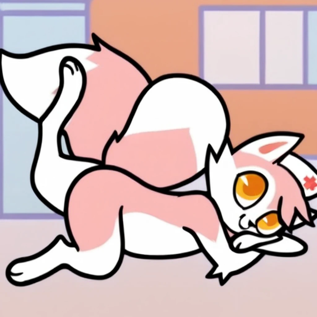 male anthro crimson fox with purple eyes and pink nose and two tails, wearing a long pink sweater and pink thigh high socks with white stripes, erect penis, seen from below, presenting legs, solo, digital art, pastel color background, focus on ass, head seen between legs, standing, small ass