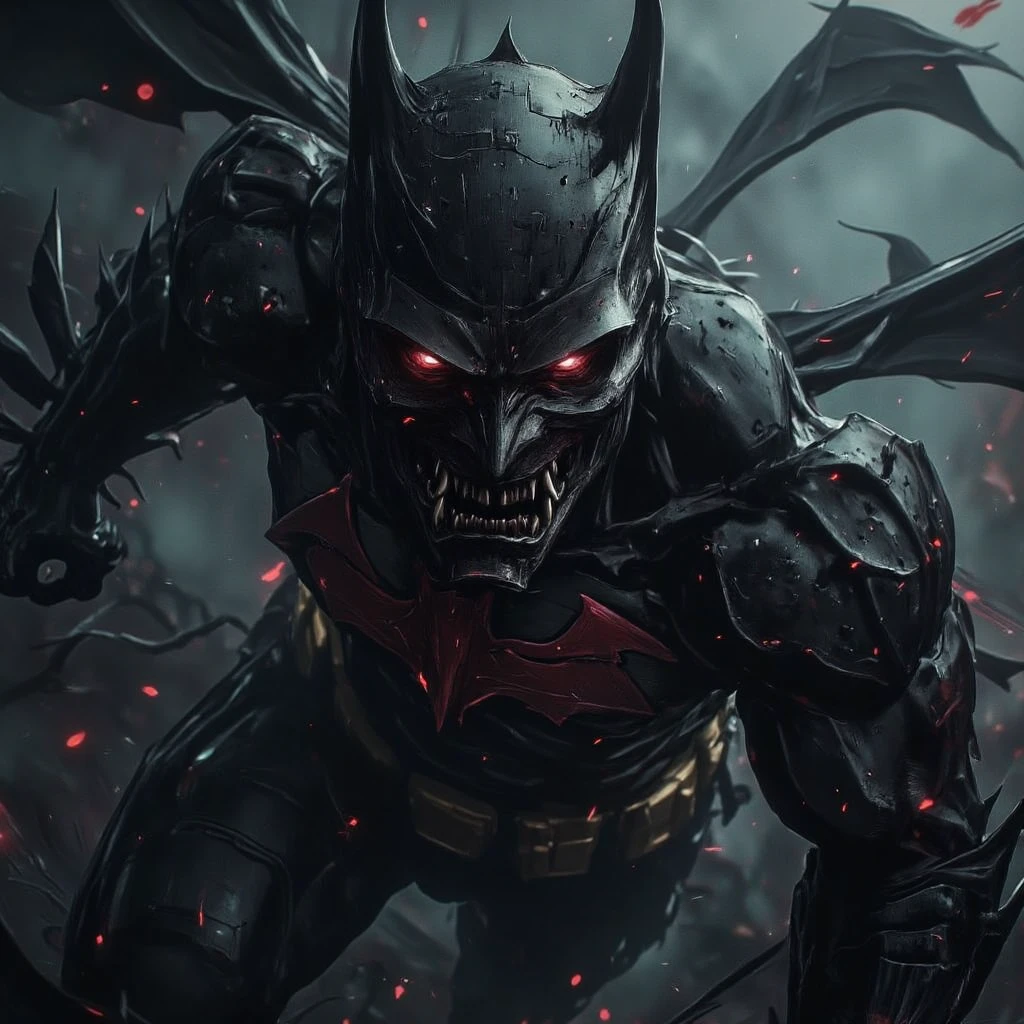 extremely detailed CG unity 8k wallpaper, masterpiece, best quality, ultra-detailed, gritty and dark, Batman who Laughs, menacing expression, twisted grin, blood-red eyes, night sky, Gothic architecture, shadows and silhouettes, dramatic lighting, eerie atmosphere, intense action, comic book style.