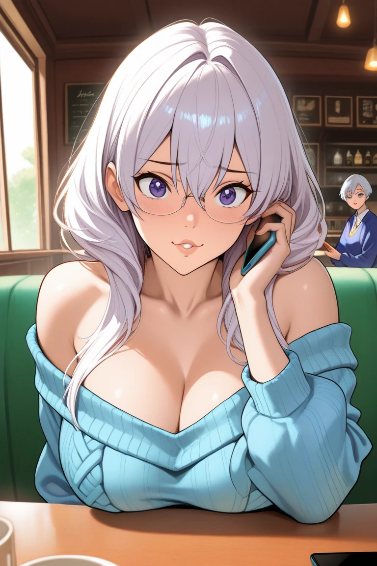 1girl, alternate_costume, bespectacled, closed_mouth, collarbone, glasses, jewelry, necklace, pendant, semi-rimless_eyewear, short_hair, silver_hair, smile, solo, under-rim_eyewear, upper_body, large breast
