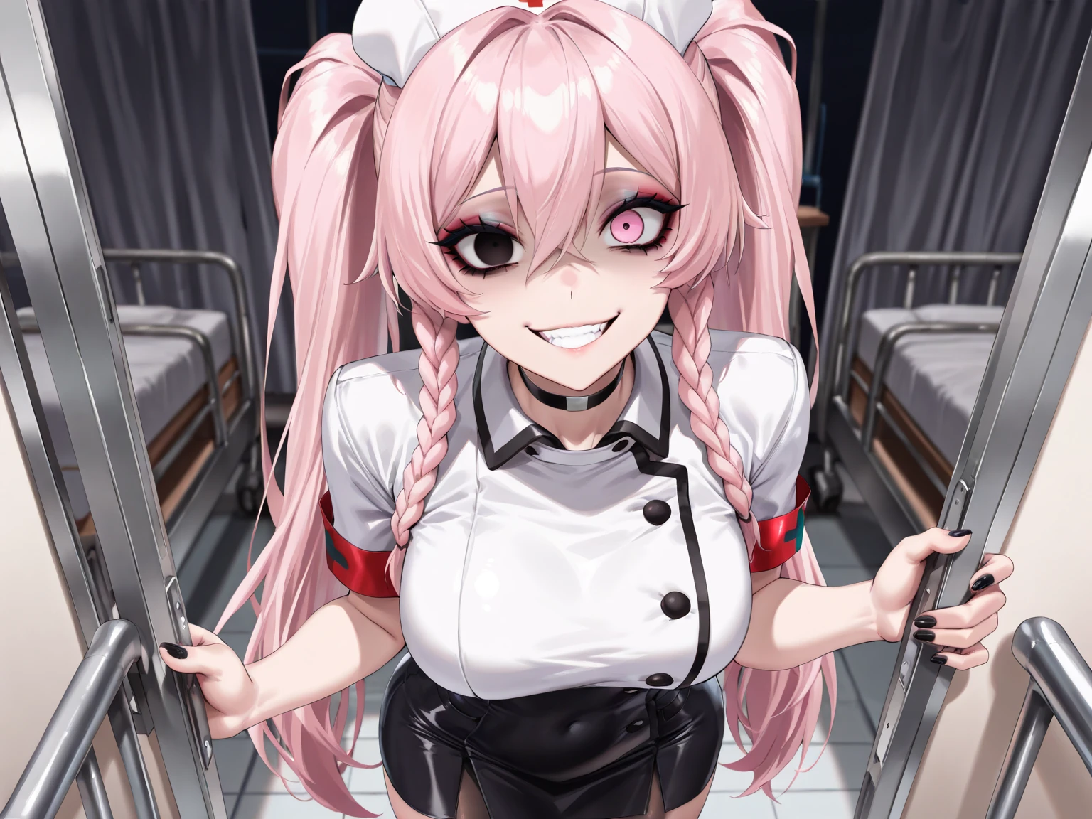 Gir with pink hair and eyes, blood spills on her face and her blue shirt, swinging hammer, yandere
