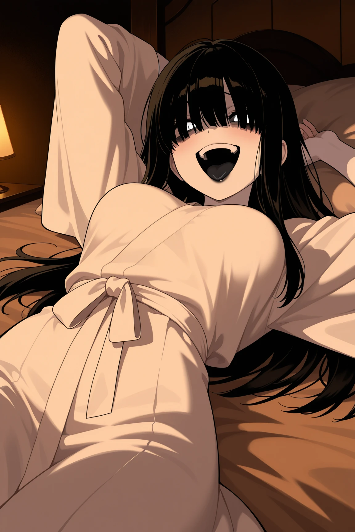 score_9, score_8_superior, score_7_superior, sauce_anime, arms behind head,  dynamic lighting
Sagiri Yamada Asaemon, Sagiriyamada Asaemon, Long Hair, Black Hair, ponytail, high ponytail, Brown eyes,
show off breast ,torn white kimono, undress clothes,  In the same way,  lie on bed,  rape , lesbian,  restrained , nsfw , shackles
indoor, bed, bed room, ~ side, blush, 
alone, Dutch Angle, View your viewers, Cowboy Shot, white panties, nipples , open mouth , cameltoe,  