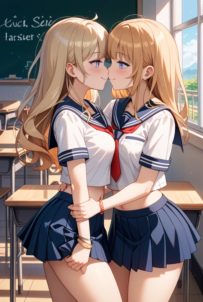 Tabletop, highest quality,figure, wallpaper, Super detailed, Absurd beauty、School、In the classroom、evening、Backlight、（(Two beautiful girls、16 years old))、(Blonde、long、Wavy Hair、Very large breasts、Beautiful legs)、(((to kiss)))、Close your eyes、、White sailor suit with short sleeves、Blue and white checked skirt、blush、Shyness