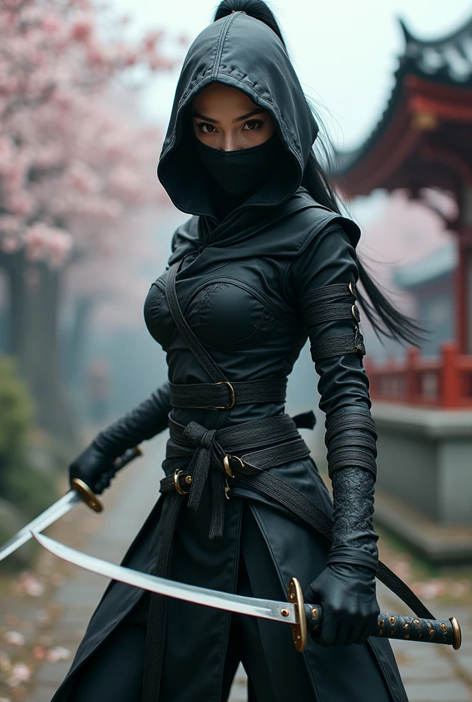 8K,1 milf,Fantasia、sexy female ninja with big breasts、Fluttering chest,complete ninja outfit、tight black and red ninja outfit(ultra precise detailed)、tight black and red skirt(ultra precise detailed)(Exposure of ninja clothes)、(Masked Face)、(Quick movement)、(stealth)、(mystical)、(arma)、(knifes)、(shuriken)、(daggers)、(short knife)、(shuriken)、(Graceful pose)、(dusk setting)、(Moonlit sky)、(Enchanting shadows)、((magical aura))、(daring acrobatics)、(ninja star)、(Quiet footsteps)、(Highly skilled)、(dedicated warrior)、(invisible assassin)、(ninja headquarters)、(hidden passage)、(bamboo forrest)、(intricate-detail)、(secret glance)、(impressive crimson eyes)、(Intense focus)、(epic battle scene)、(Mystical powers)、(rippling muscles)、(Fierce determination)、(Warrior spirit)、(exhilarating action)、(ancient tradition)、(unbreakable code)、(fearless guardian)、(unparalleled combat skills)、(constant vigilance)、(invisible protector)、(top-quality、ultra-detailliert、hight resolution、physically-based renderingt:1.2)、(immersive lighting)、(vivd colour)、(Dynamic composition)、(masterpiece)。Fantasyart、Female ninja、complete ninja outfit、(tight ninja uniform)、The is a uniform、Nipples are uniform、arma、lush bamboo forest,Golden decoration,超A high resolution,super realistic skin,Beautiful expression,