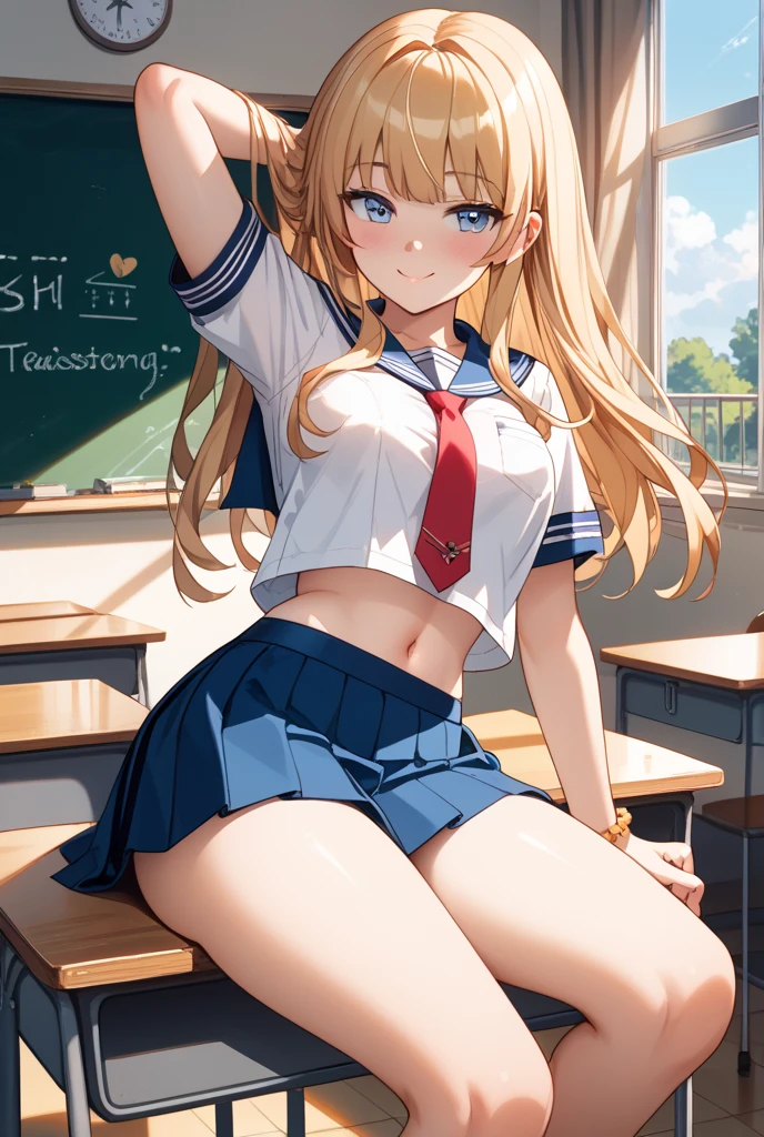 ((1 girl:1.5))、(smile:1.5)、small breasts、(cowboy shot)、(fun!!)、(white cardigan:1.5)、(blonde)、blush、(single braid)、(eye highlights:1.3)、blake black shoes,(チェック柄のskirt:1.5)、bow, button, shirt with collar, long sleeve, ((red bow tie, ,, white shirt, チェック柄のskirt、white socks)),, shirt,, skirt, socks, thighs, white shirt, Rest indoors, ((classroom:1.5))、 BREAK while watching the audience、 (perfect hands, perfect anatomy),cowboy shot、(skirtlift:1.3),(highly detailed white panties:1.3)、(highly detailed panties:1.3)、、(skirt that rolls up:1.3)、(fully exposed panties:1.5)、blue eyes