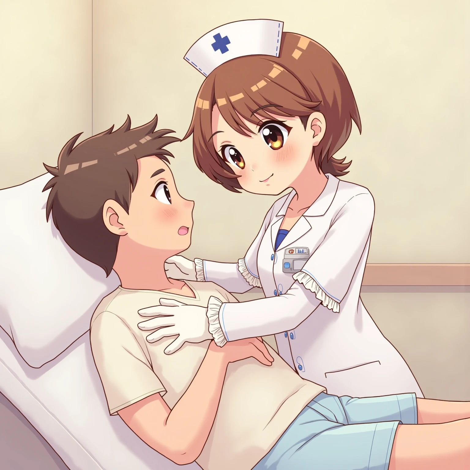 Kemoshota doctor checks his student, dynamic angle, tongue check, heavy breath, doctor check, school infirmary, 
