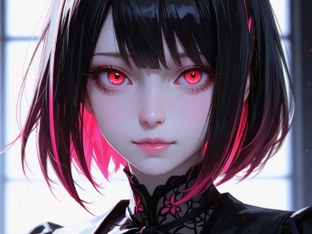 (digital painting),(best quality), masterpiece, 8k resolution, (dark mood background:1.4), dark fantasy, anime girl, one girl, solo, beautiful girl, sexy, goth girl, pale skin, big breast, beautiful breasts, seducing, (yandere: 1.2), detailed lips, beautiful lips, red lips, big eyes, (red eyes:1.2), glowing eyes, (very detailed eyes:1.4), cute girl, short hair, black hair, crown, dramatic lighting, deep shadows, (wide angle lens distortion:1.2)