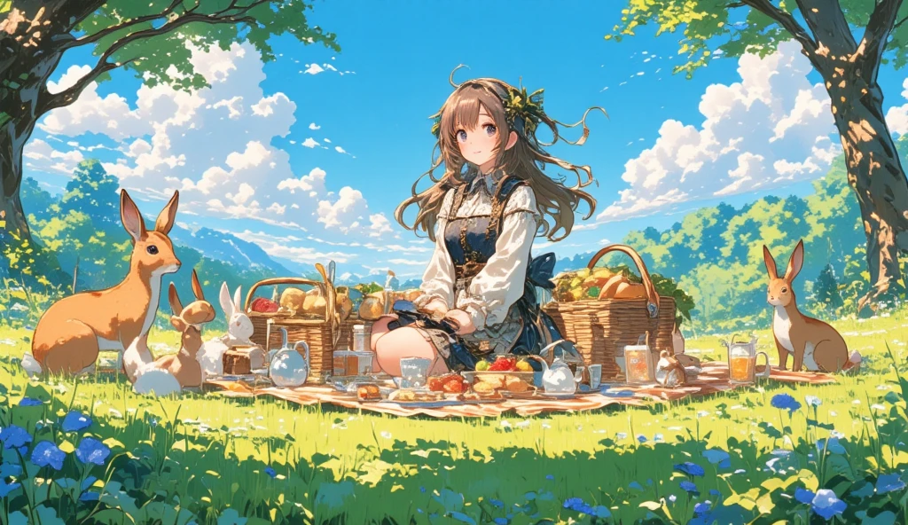 Masterpiece, highres, girl, (travel lady), forest, trees, mounts, tent, picnic, adventure