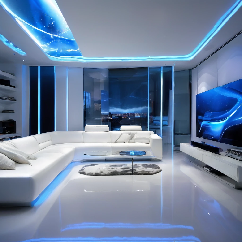 arafed ceiling with a glass panel and a white couch, futuristic dramatic lighting, futuristic looking living room, futuristic interior, futuristic room, futuristic decor, volumetric interior lighting, dramatic white and blue lighting, stunning volumetric lighting, glowing interior lighting, futuristic decoration, dramatic and dynamic lighting, white accent lighting, dramatic ambient lighting, award winning interior design, futuristic lighting