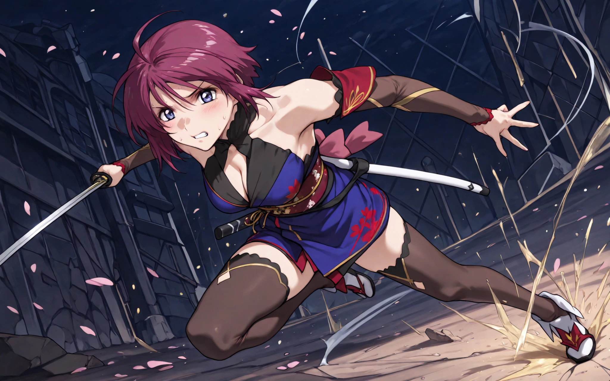 score_9, score_8_up, score_7_up,BREAK,masterpiece, best quality,,amazing quality,source_anime,anime coloring, absurdres,A very detailed and Hi-Res image、lightning crackling around, (beautiful and detailed face),1girl,(solo),(((lunamaria:1.1))),1girl,,(((LunamariaHawke:1.1))),(((purple hair:1.3))),((ahoge:1.2)),(((short hair:1.2))),blue eyes,breakmiyamoto musashi,fate grand order,miyamoto musashi \(fate\),(((high neck,blue kimono,short kimono,japanese clothes,detached sleeves,bare shoulders,Brown elbow gloves,thighhighs, unsheathed,scabbard,break ,Flower-patterned red obi,gold obi cord break))),((lunamaria)),1girl,solo,blue eyes,red hair,short hair,ahoge,eyebrows,quality\(8k, Hi-Res, top- quality, top- quality real texture skin, super realistic, increase resolution,RAW Photo, very detailed, wallpaper, golden ratio,vibrant{{breathing}},full body,(Watery eyes),(closing eyes),{Wet body},(Close-up of a girl:0.7),(((add energy to the scene. Motion Effect))), (Like a subtle blur),bokeh,full body,(nape of neck),,((Pained expression)),(((Sweat:1.4))),(grimace),blush,(holding one sword ,movement, motion blur, dynamic angle,full body, BREAK depth of field, foreshortening, dynamic pose, super wide angle shot, extreme perspective, ,anime wallpaper,light particles, cinematic lighting,Visual impact,dynamic pose,ultra-realism, anime style, dreamy psychedelic anime,Elegant outfit, perfect figure, beautiful , The background is a dark forest clearing illuminated by faint blue light, with falling cherry blossom petals swirling around, adding a sense of elegance and tension,moving,night,outdoor,effect,((reaching one arm front and open palm)),(her softly emphasized by the folds of her loosely draped kimono, wearing her signature red and blue kimono-style outfit from her first ascension),(((the opening still loosely adjusted with no visible bra,fabric naturally concealing her breasts))),dark blue bra under kimono,dynamic pose,dynamic action,Fully detailed sword,