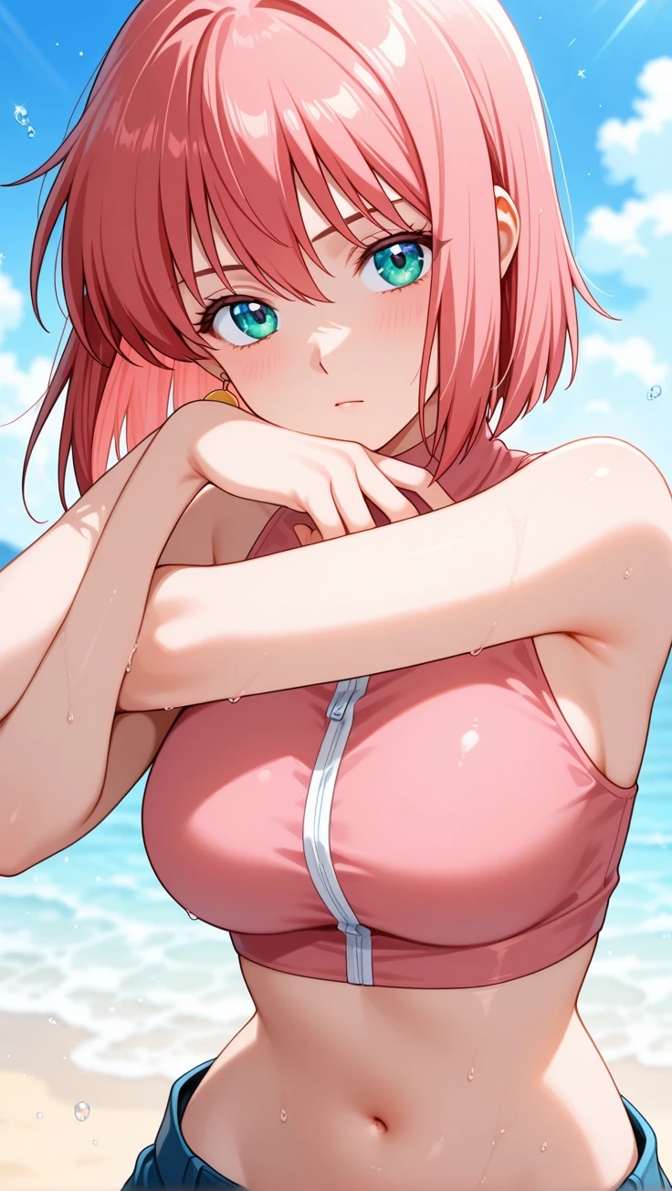 (Highest quality:1.3), Nakano Nino, Pink Hair, Butterfly Hair Ornament, Huge breasts, Cleavage, One piece swimsuit, (Soaking wet:1.3), swimming pool, (throw)