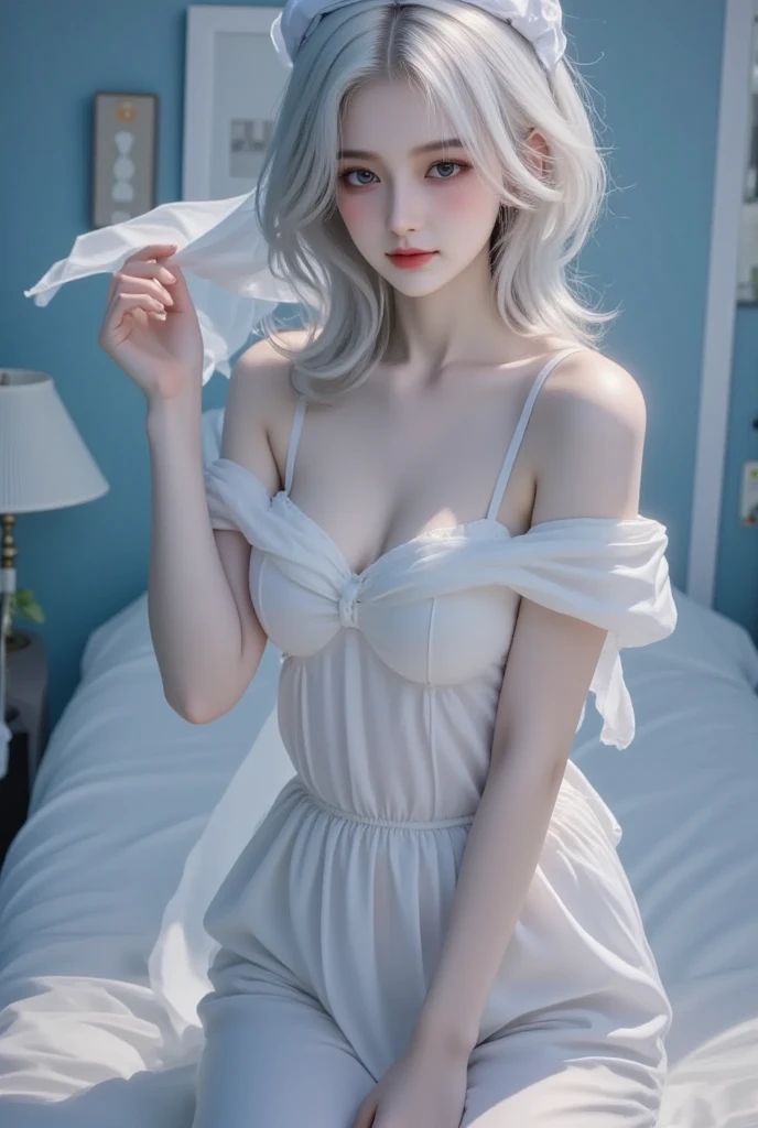 Alafed woman in white hat and red lip dress, pale porcelain white skin, guweiz, guweiz masterpiece, artwork in the style of guweiz, soft portrait shot 8 k, Pale Young Ghost Girl, Porcelain white skin, By Russell Dongjun Lu, light milky white porcelain skin, elegant lady with alabaster skin --auto