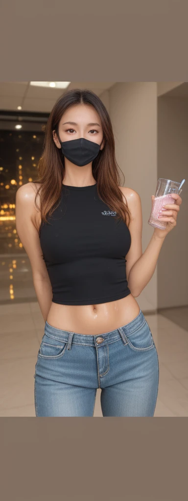 masterpiece, high quality, 4K, Beautiful design, (from the front, Whole body),Award-winning photo, Very detailed, wonderful, The finer details, Absurd, Very detailed女性, (small breasts:1.5),Woman in black shirt holding a bottle of water and a mobile phone, Ruben Tam's pastels, Shutterstock, realism, a Young Asian Woman, Gorgeous Young Korean Woman, young asian girl, She is wearing a black tank top, Young Asian Woman, Beautiful Korean Women, Beautiful young Korean woman, Portrait of a Japan teenager, She has a smartphone, Korean Girls