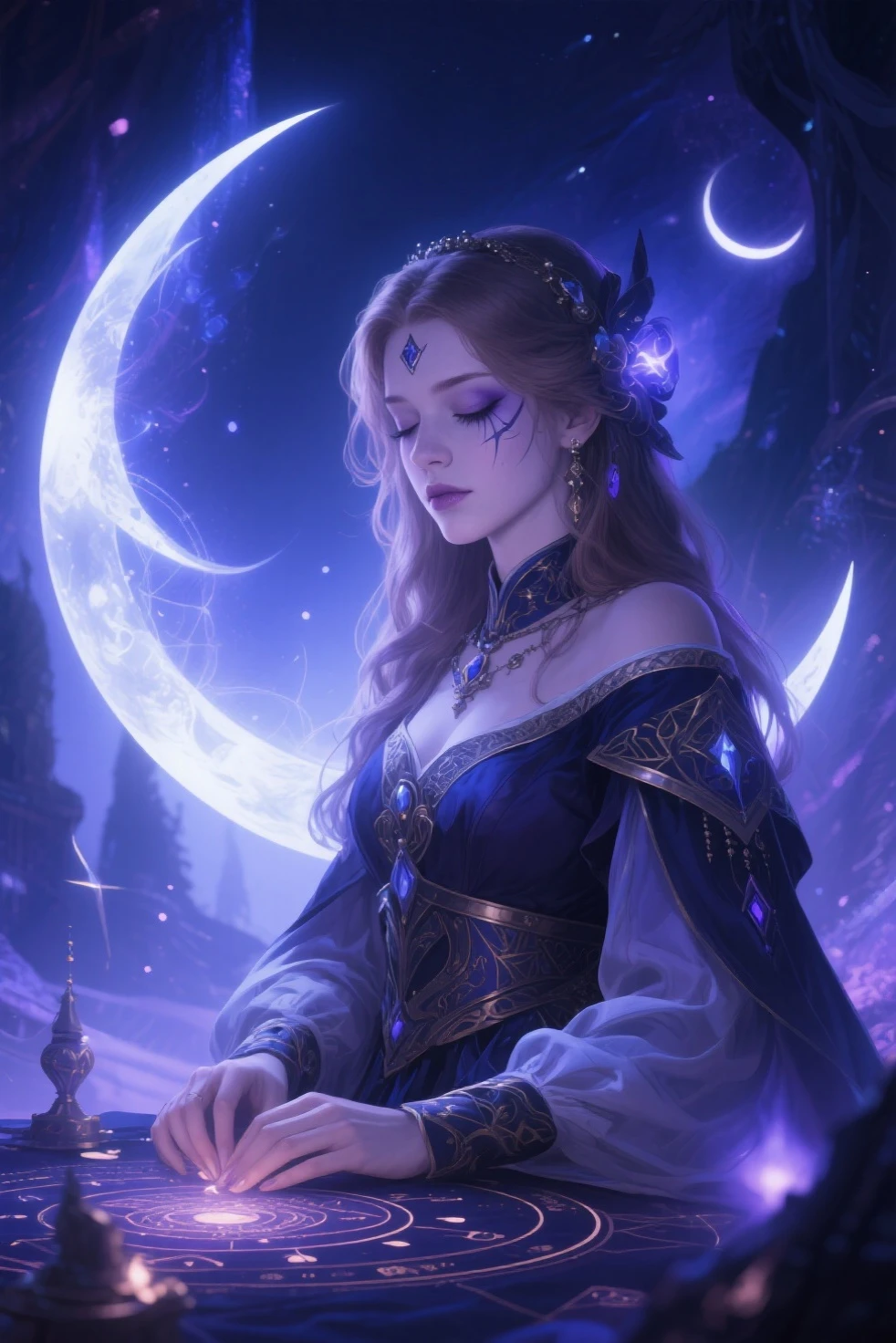 Beautiful woman has a long flowy veil covering her face. She is wearing a flowy dress. She is floating among glitter and magic circles. Her full body is visible