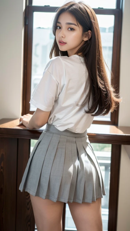 8K、Detailed Description、Very high definition、Realistic、reality的、Real、live-action、reality、High resolution、Nogizaka46、japanese idol,beautiful girl、21 years old、Are standing、Angle from left side、profile、Turn your body towards the window、Looking out the window、A melancholic look、Mouth closed、ponytail、Knee-up-top angle of view、School、Standing by the window、Short sleeve shirt、Beige plaid skirt、Very black hair、pretty girl、Beauty、Glowing Skin、Glowing Skin、Shiny Hair、Very white skin、Heavy makeup、Large Breasts、Slit eyes、Big Eyes、Double eyelids、Don't show your teeth、Side view angle、