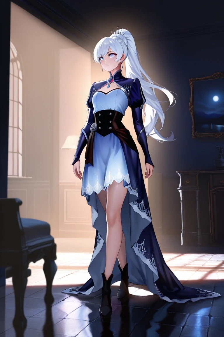 Highest image quality,A high resolution,A masterpiece,tmasterpiece,Beautiful,Temperamental girl,solo,Long curly blue-black hair,Silver hair accessories,Catwalk background,A long dress with a sense of design,ear jewelry,choker necklace,close,The upper part of the body,gem-like eyes,high-heels