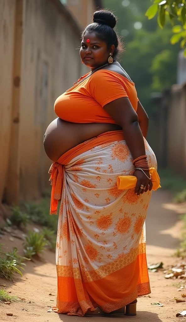 Extremely Hyperpregnant Malawian woman with huge belly wearing a dress